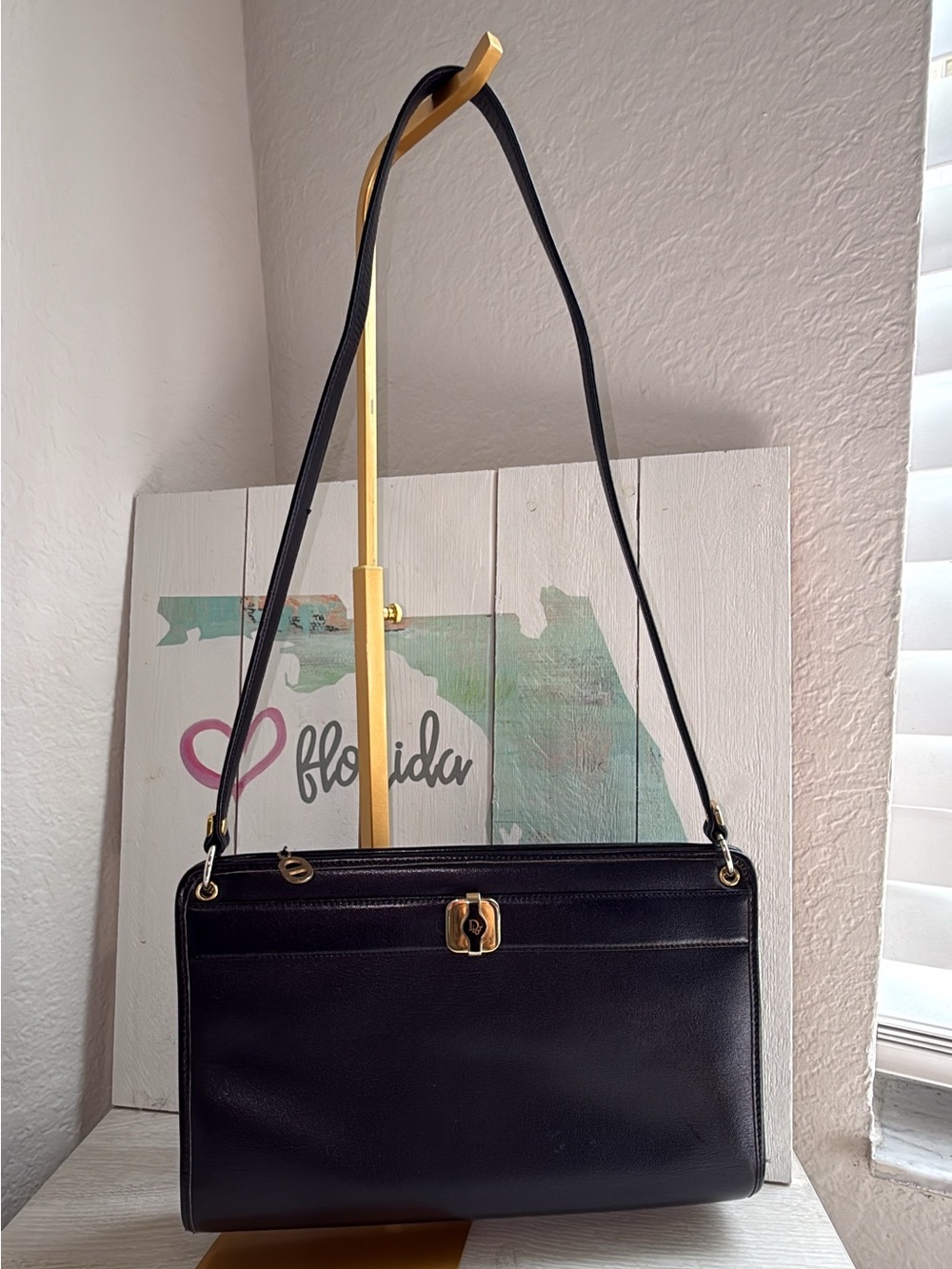 1970’s Christian Dior French box calfskin baguette shoulder bag w/ original box